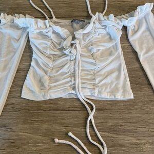 White Ruched Tie Front Blouse with Long Sleeves